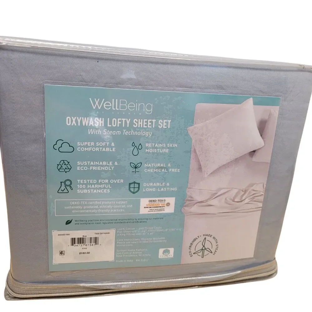 WELLBEING OXYWASH LOFTY 300 THREAD COUNT KING SHEET SET BLUE STEAM TEGHNOLOGY